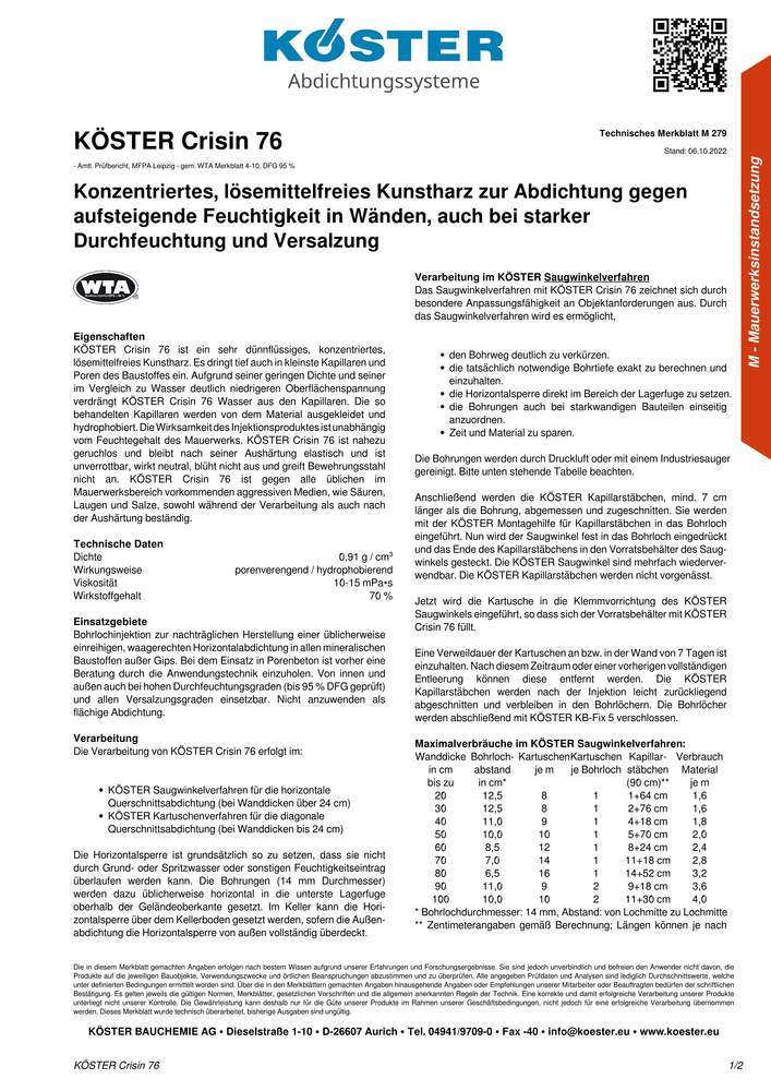 KÖSTER Crisin76 Technisches Datenblatt