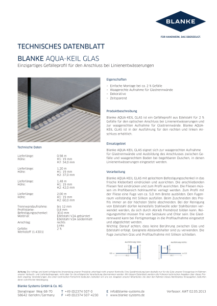 BLANKE AQUA-GLAS Technisches Datenblatt
